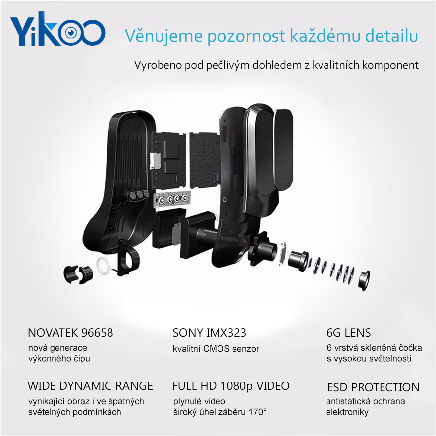 Skrytá duální kamera do auta Yikoo RS301D - FullHD, WiFi