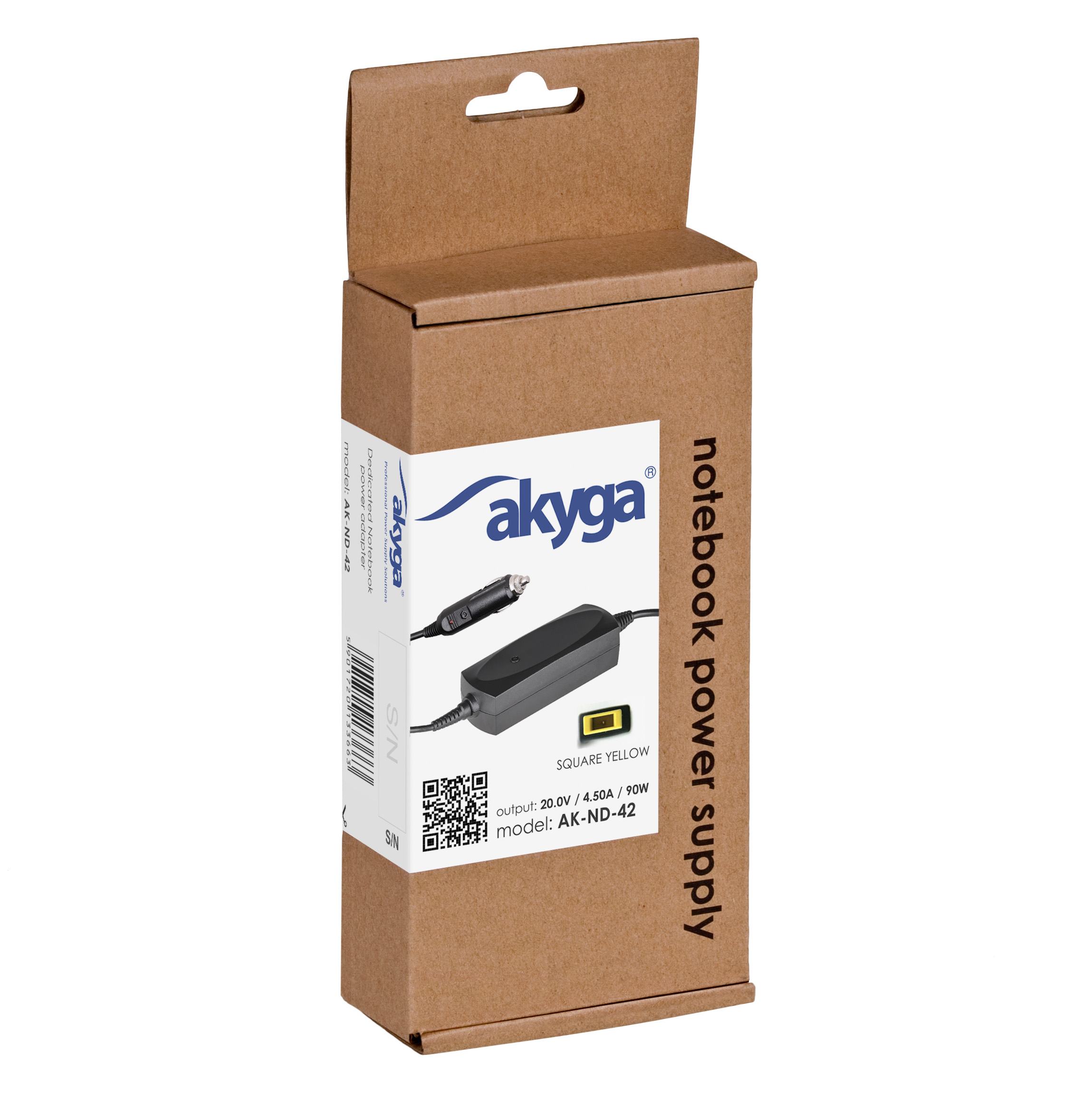 Napájecí zdroj do auta Akyga AK-ND-42 - 20V/4.5A 90W Square yellow Slim Tip - neoriginální