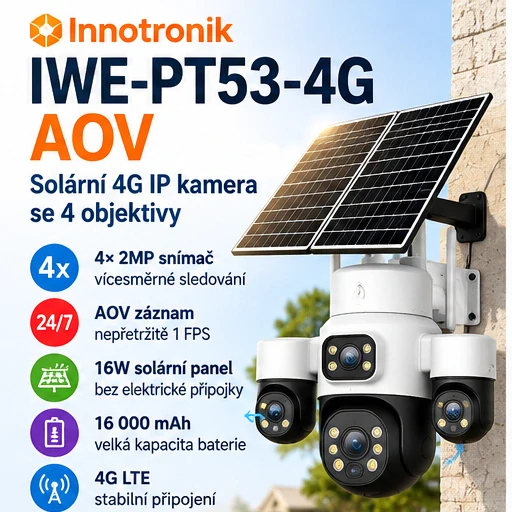 Solární otočná 4G IP kamera Innotronik IWE-PT53-4G AOV, 4× 2MPix, 16W