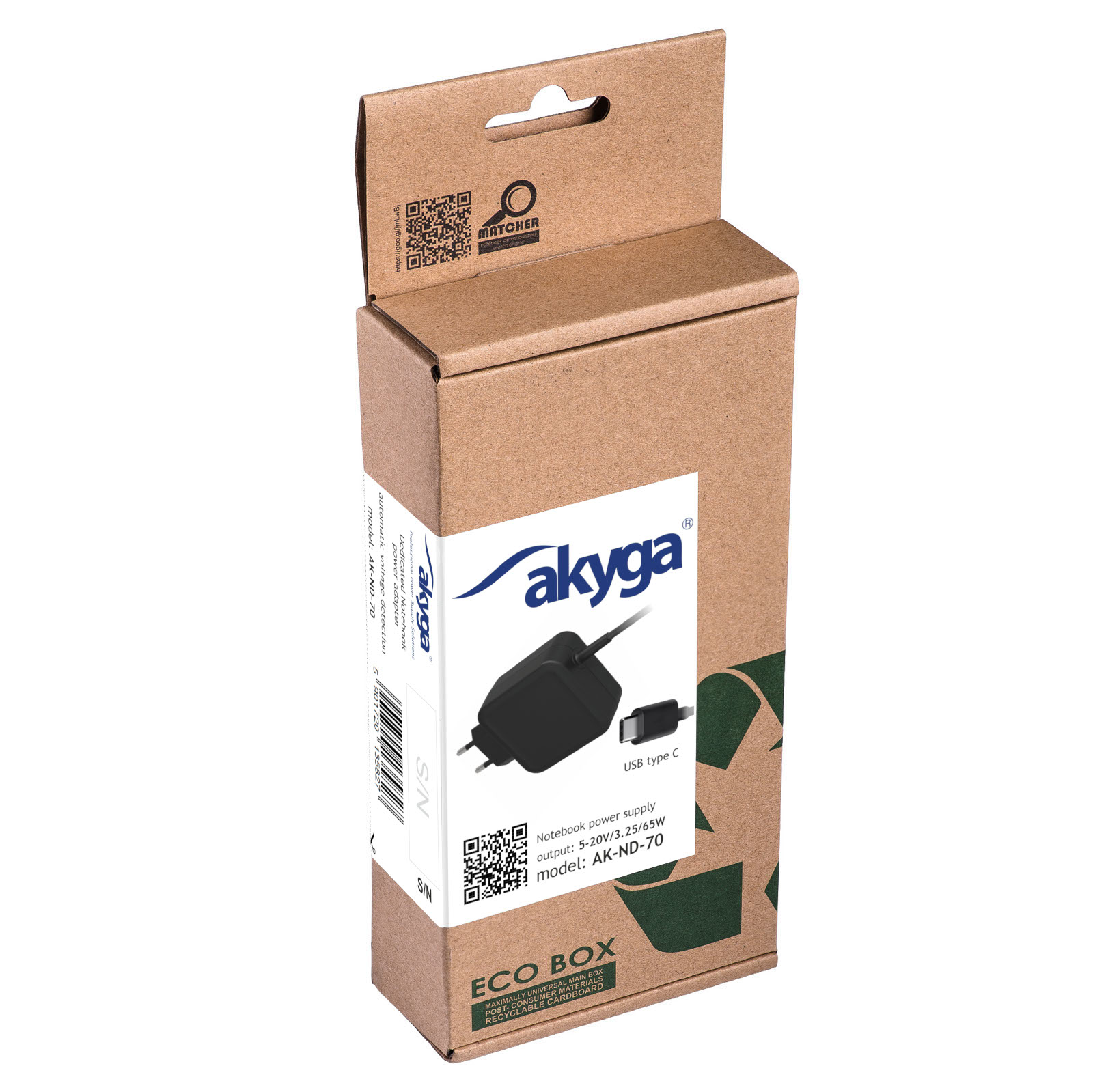 Napájecí zdroj Akyga AK-ND-70 5-20V/3-3.25A 65W USB-C konektor - neoriginální