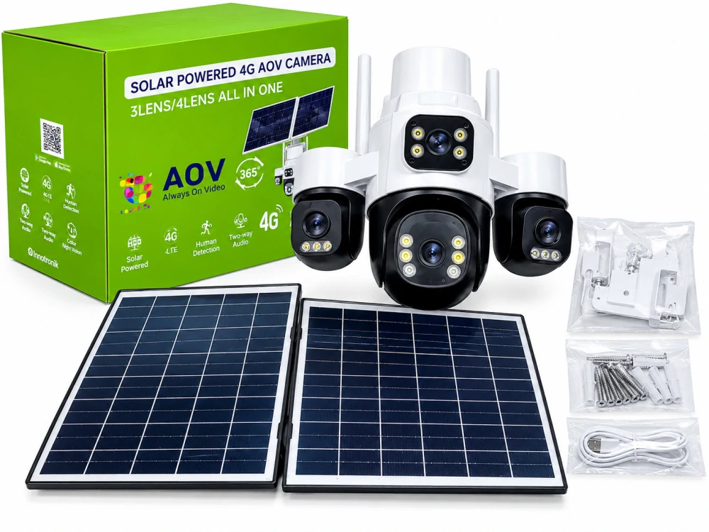 Solární otočná 4G IP kamera Innotronik IWE-PT53-4G AOV, 4× 2MPix, 16W