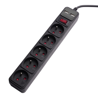 Akyga AK-SP-05U - přepěťová ochrana, 1.5m, 5 zásuvek, 2x USB, černá